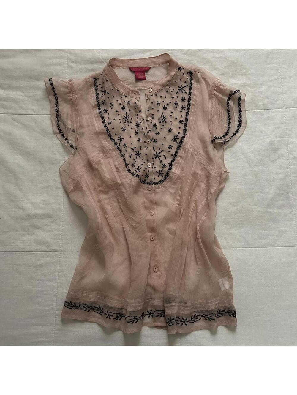 Sunny Leigh silk baby Pink sheer button up blouse with black embroidery